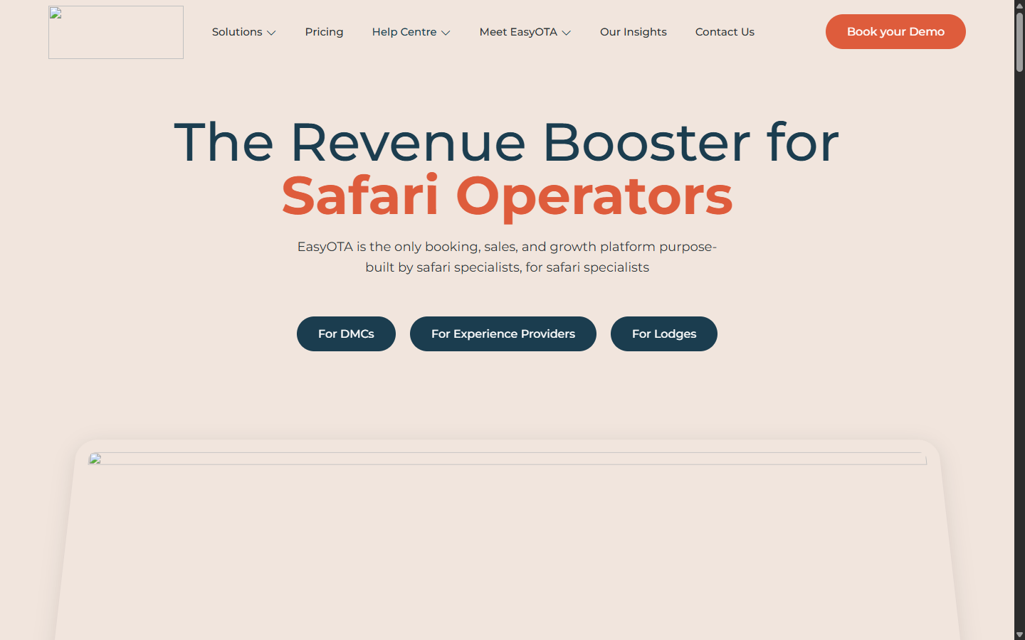 EasyOTA homepage — the revenue booster for safari operators with success-based pricing