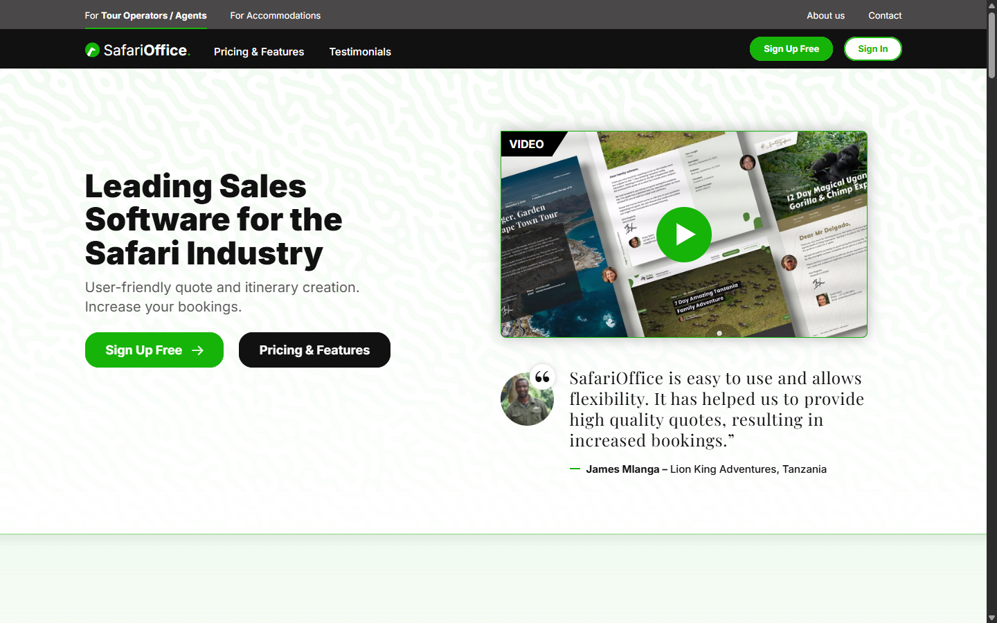 SafariOffice homepage — web-based sales software for safari and tour operators