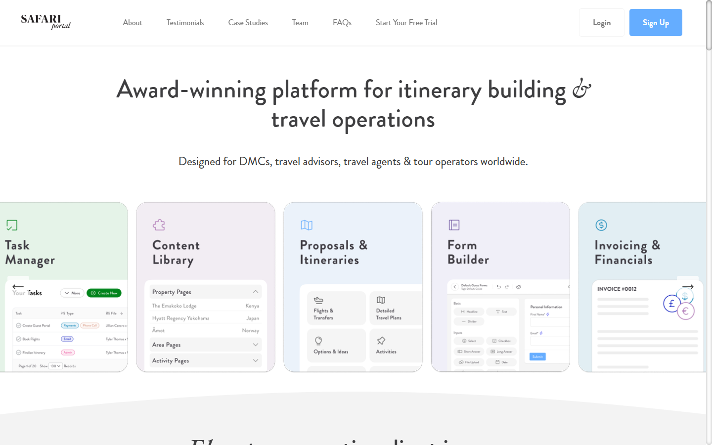 Safari Portal homepage — award-winning platform for itinerary building and travel operations