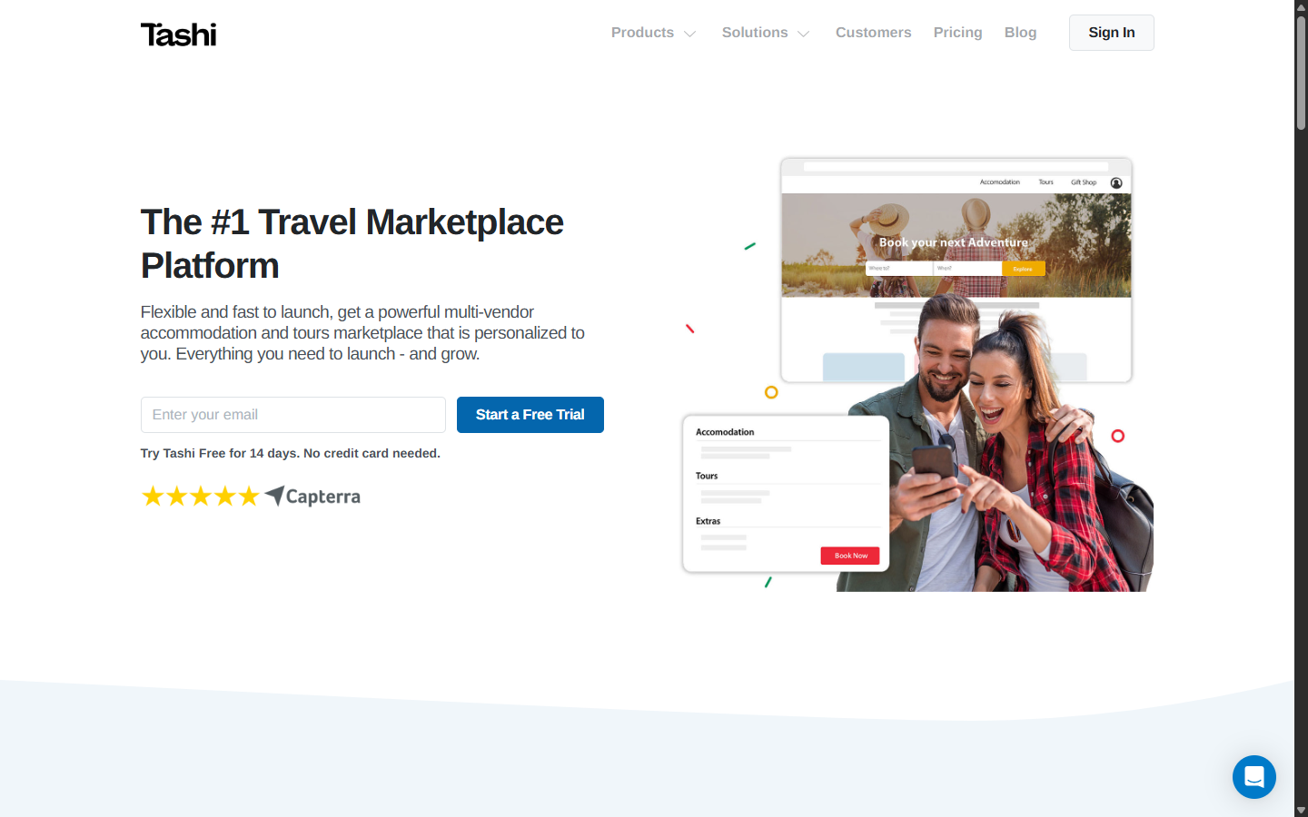 Tashi homepage — the number one travel marketplace platform with free trial