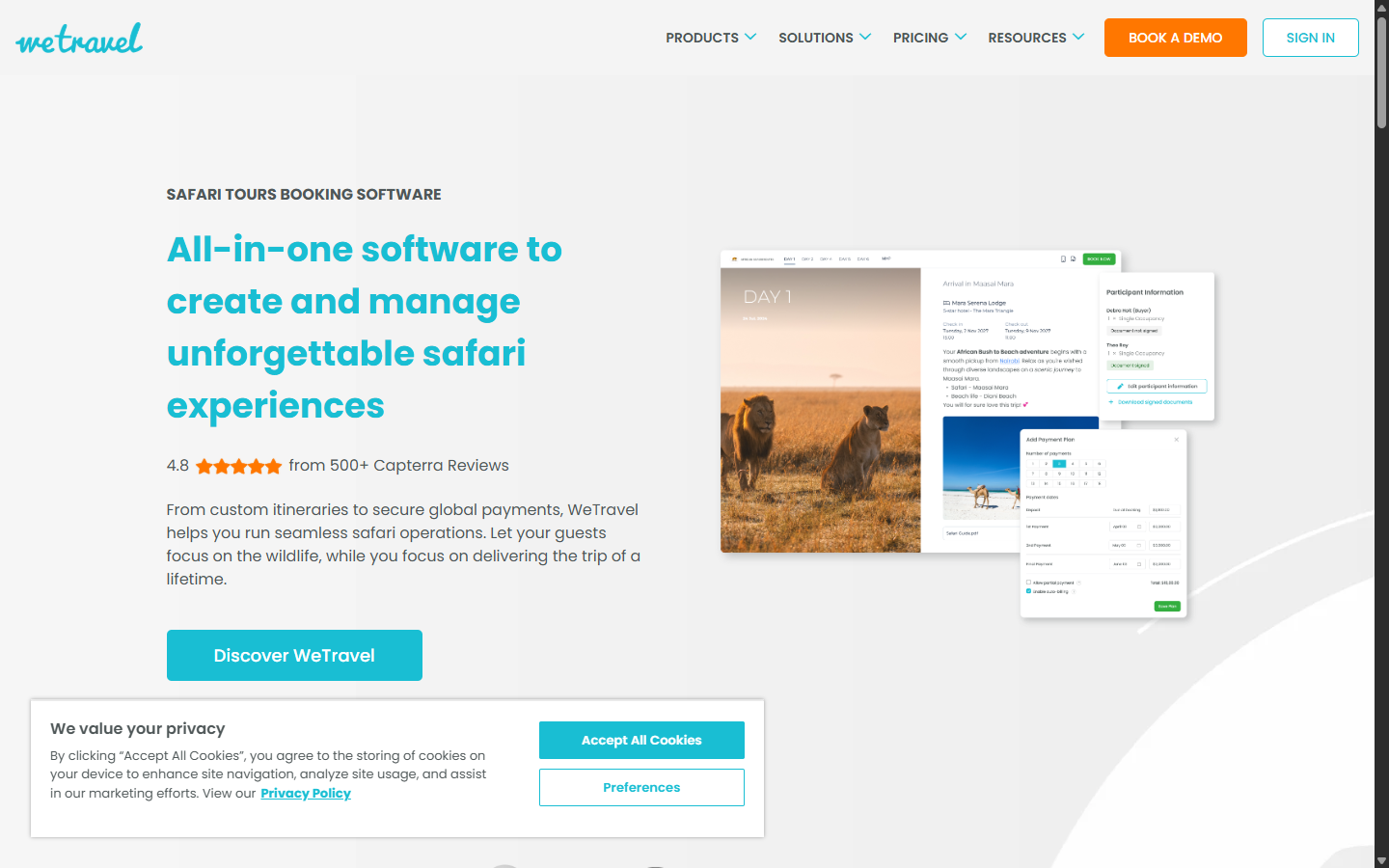 WeTravel homepage — payment and booking platform for safari travel companies